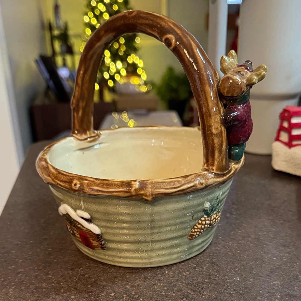St. Nicholas Square Holiday Basket with Moose - Brown and Green